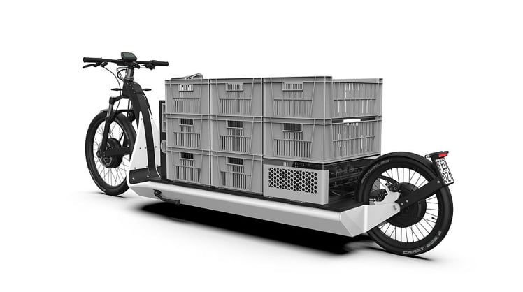Rendering aus dem CAD-Modell des Lastenrads mit Beladung. Das E-Cargo-Bike kann eine Nutzlast bis 100 Kilogramm sicher transportieren. © EMB