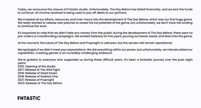 Screenshot des Statements, in dem Fntastic die Schließung und das Ende von "The Day Before" bekanntgibt