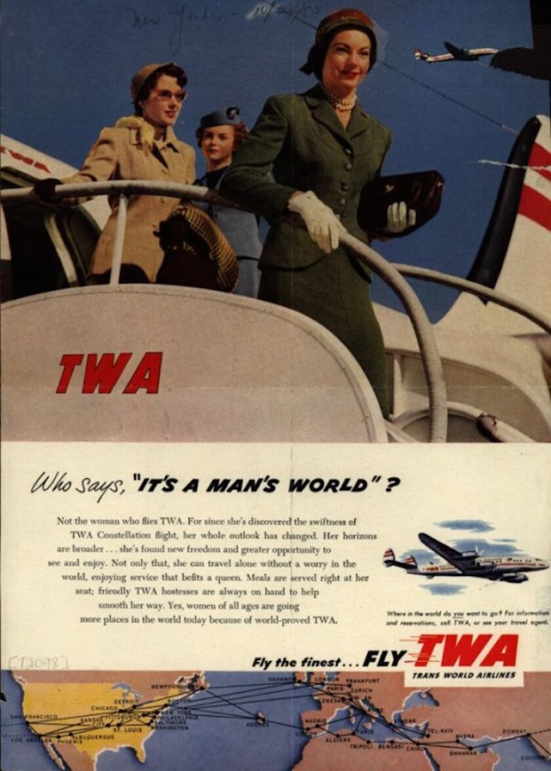 Werbesujet " Who Says It’s A Man’s World?" von TWA aus dem Jahr 1950
