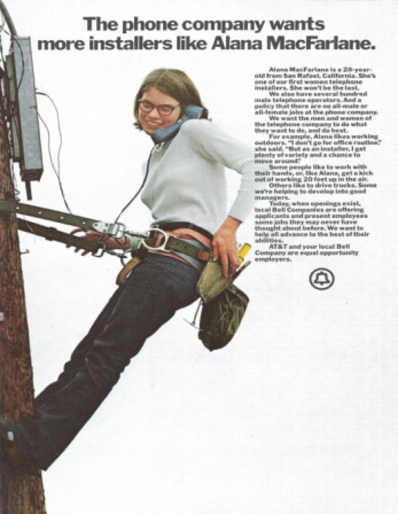 Werbesujet "More Installers Like Alana MacFarlane" von AT&T aus dem Jahr 1972.