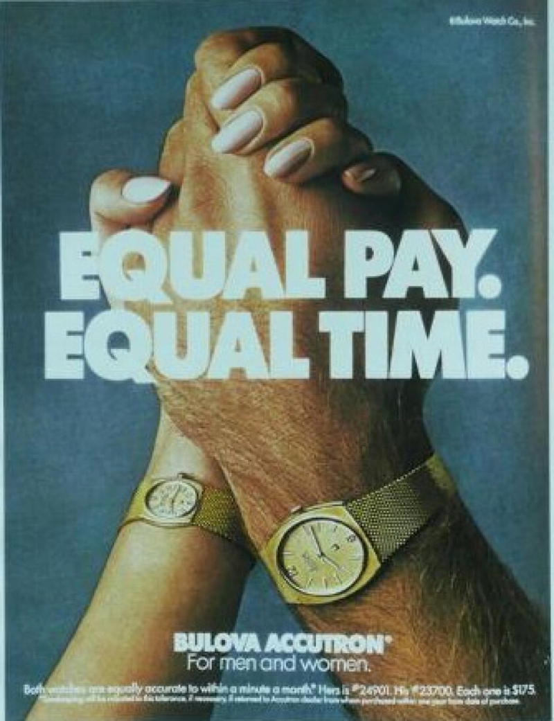 Das Werbesujet "Equal Pay. Equal Time." von Bulova Accutron aus dem Jahr 1972.