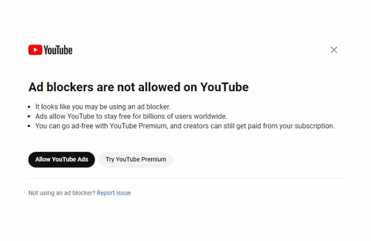 Wenn ein Ad-Blocker erkannt wird, stellt YouTube die Nutzer:innen vor die Wahl: Die Werbung zulassen oder die Premium-Version der Plattform nutzen © YouTube
