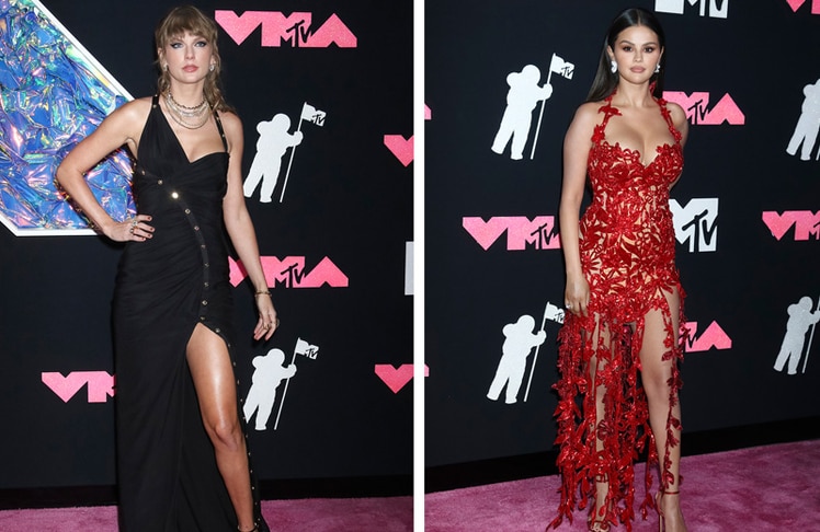 Taylor Swift (links) verkörperte Eleganz in ihrem All-Black Look von Versace. -  Selena Gomez, im feuerroten Oscar de la Renta-Kleid © BrauerPhotos / A.Muench