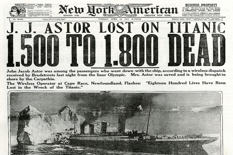Eine frühe, nicht sonderlich tatsachengerechte Illustration zum Unglück ziert die Titelseite einer US-Zeitung am Tag nach dem Untergang der Titanic (Bild: New York American)