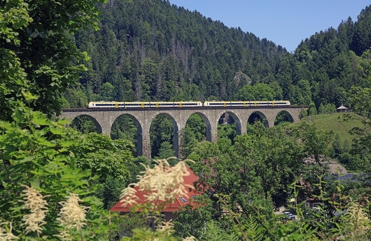 Malerisch: Ein DB-Zug auf der 224 Meter langen Ravennabrücke zwischen Hinterzarten und Posthalde an der Strecke Freiburg - Donaueschingen (Bild: Deutsche Bahn AG / Georg Wagner)