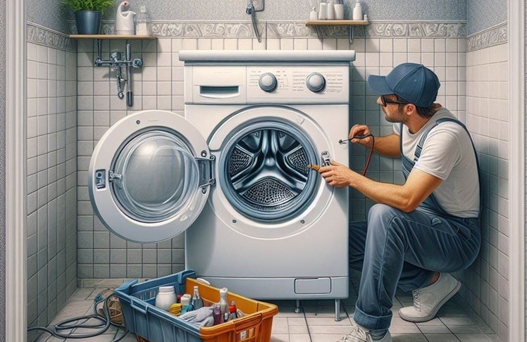 Reparatur der Waschmaschine: Eine Maßnahme, zu der Hersteller bei vorliegendem Kundenwunsch bald auch nach Ablauf der gesetzlichen Gewährleistung verpflichtet sein dürften (Bild durch KI erstellt)