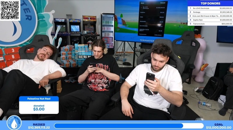 Zeitweise hatte das Trio mit schwindender Zuversicht und einsetzender Müdigkeit zu kämpfen (Screenshot; kick.com/mrbeast)