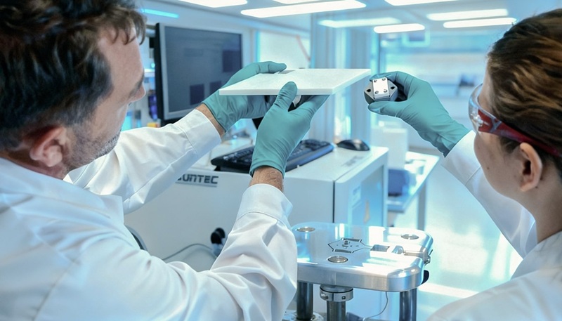 Glice-CEO Viktor Meier und Marion Kugler vom Fraunhofer-Institut begutachten ein Stück synthetisches Eis (Bild: Glice) Glice-CEO Viktor Meier und Marion Kugler vom Fraunhofer-Institut begutachten ein Stück synthetisches Eis (Bild: Glice)