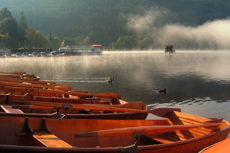 Herbst im Schwarzwald: Holzboote am See und aufsteigender Morgennebel prägen die idyllische Landschaft. Die Region zählt zu den beliebten Zielen für Natur- und Erholungsurlaub in Deutschland. © Gerd Altmann/Pixabay