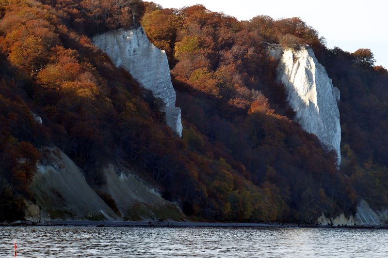 Herbst auf Rügen: Die weißen Kreidefelsen im Nationalpark Jasmund bilden einen eindrucksvollen Kontrast zu den bunt gefärbten Buchenwäldern. Die Ostseeinsel bietet auch außerhalb der Badesaison attraktive Naturerlebnisse und zählt zu den beliebten Reisezielen für einen Herbsturlaub in Deutschland. © Falco/Pixabay