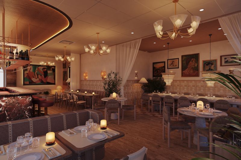 Das neue "The Hoxton" in Hamburg setzt auf mediterrane Gastronomie. Die Visualisierung zeigt den geplanten Restaurantbereich des Lifestyle-Hotels am Alten Wall. © Ennismore/The Hoxton