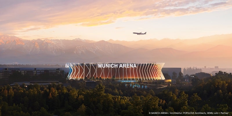 Entwurf: Die Munich Arena im Sonnenuntergang (Bild: Munich Arena Property GmbH)
