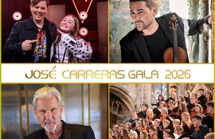 v.l.n.r.: Michael Patrick Kelly und Katelyn Harrington, David Garrett, Johnny Logan und der MDR-Kinderchor werden José Carreras bei seiner Spendengala am 16. Dezember unterstützen. 