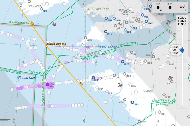 Visualisierte Turbulenzdaten in der Navigationskarte von IATA Turbulence Aware. © Lufthansa Group