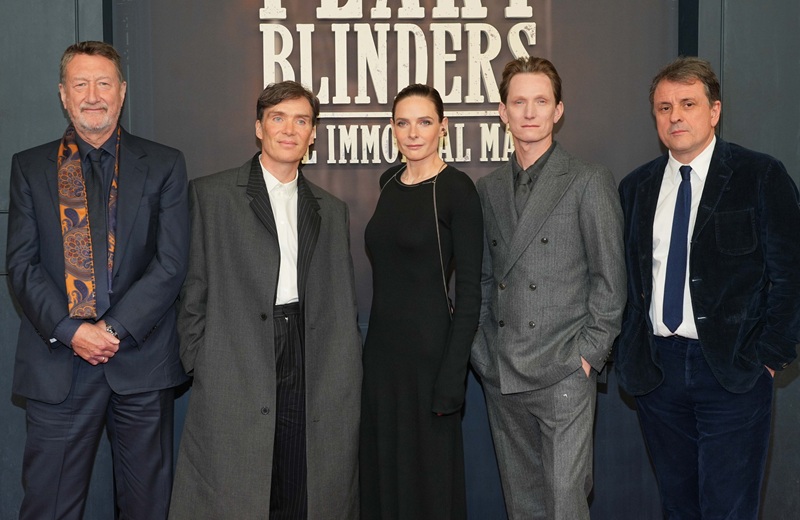 Die Hauptverantwortlichen hinter "Peaky Blinders" in Berlin: Serienschöpfer Steven Knight, die Darsteller Cillian Murphy und Rebecca Ferguson, Regisseur Tom Harper und Produzent Guy Heeley (Brauer Photos / J. Harrell)
