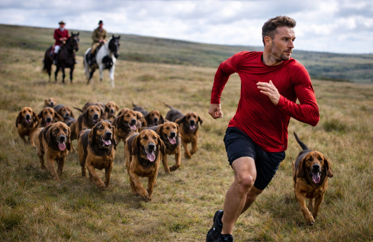 Ein Jogger läuft bei einer sogenannten "Human Trail Hunt“ durch die englische Landschaft, während eine Meute Bluthunde seine Spur verfolgt – eine moderne Variante der früheren Fuchsjagd.