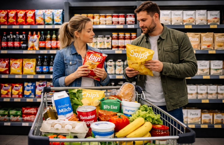 Verbraucher vergleichen im Supermarkt zunehmend Markenprodukte mit günstigeren Handelsmarken.