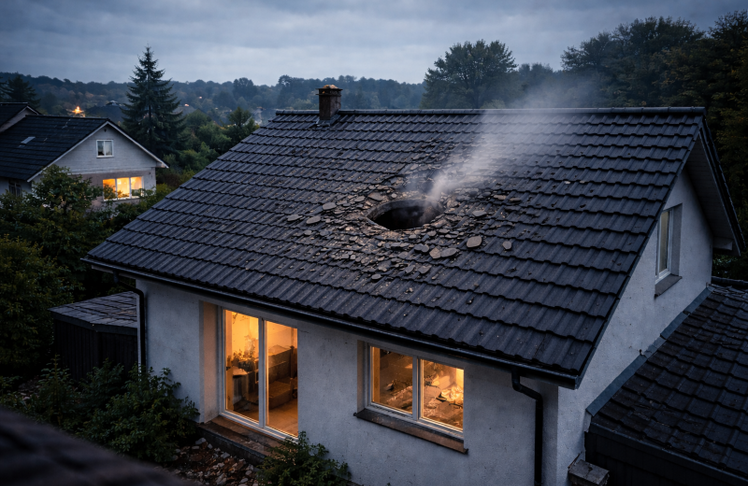 Symbolbild eines beschädigten Hausdachs nach einem Meteoriteneinschlag. In Rheinland-Pfalz schlug ein Fragment durch das Dach eines Wohnhauses und hinterließ ein etwa fußballgroßes Loch.