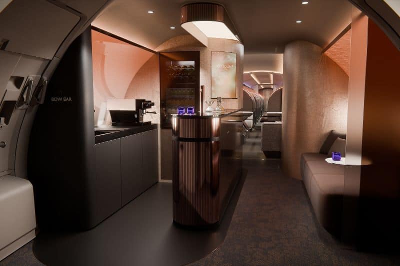 Eingangsbereich mit Lounge-Charakter: Der Übergang erinnert eher an Hospitality-Design als an klassische Flugzeugkabinen. © Designworks/Lufthansa Technik