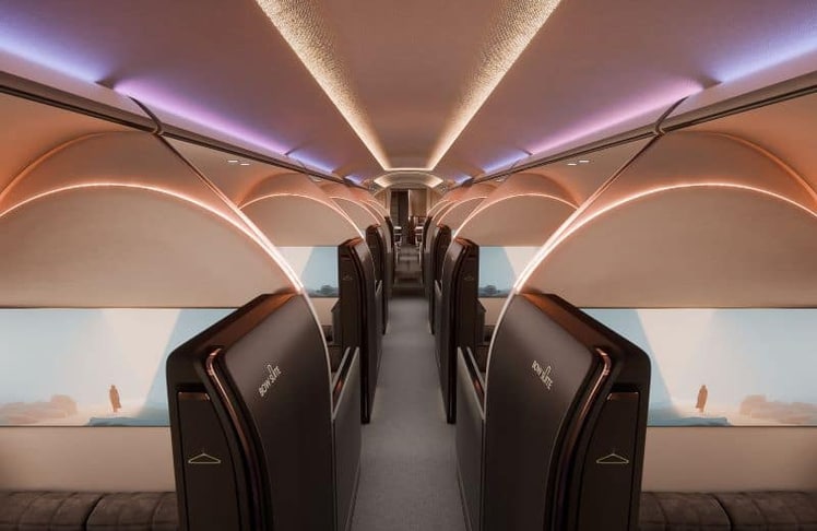 Blick durch die Kabine: Klare Linien und wiederkehrende Strukturen prägen das Raumkonzept von "The BOW“. © Designworks/Lufthansa Technik