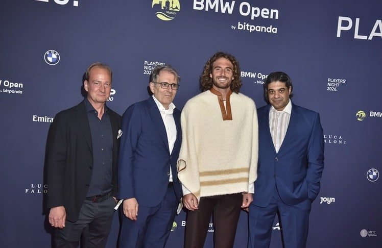 Christian Okon (General Manager MMP Event), Marco Giordani (CEO ProSiebenSat.1 Media SE), Stefanos Tsitsipas (Tennisprofi) und Bob Rajan (CFO ProSiebenSat.1 Media SE) bei der Players’ Night im Rahmen der BMW Open by Bitpanda im MTTC Iphitos in München.