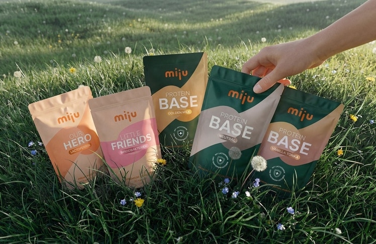 Das miju-Sortiment zum Launch der Marke besteht aus Kapseln mit Lactoferrin, Kapseln mit Bifidobakterien sowie Proteinpulver in verschiedenen Geschmacksrichtungen; ebenfalls mit Lactoferrin und Bifidobakterien