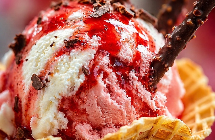 Yummy: Fiordilatte- und Erdbeereis, mit Erdbeersauce und Schokoladengrissini: das ist die Eissorte des Jahres 2026. © Per KI für Leadersnet generiert