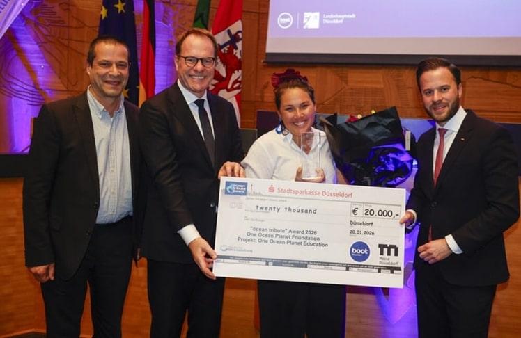 2026 erhielt die One Ocean Planet Foundation, vertreten durch Dominique Lesser, den „ocean tribute“ Award von Oberbürgermeister Dr. Stephan Keller in Anwesenheit von Frank Schweikert, Vorstand Deutsche Meeresstiftung, und Marius Berlemann, Geschäftsführer Messe Düsseldorf. © Messe Düsseldorf/Tillmann