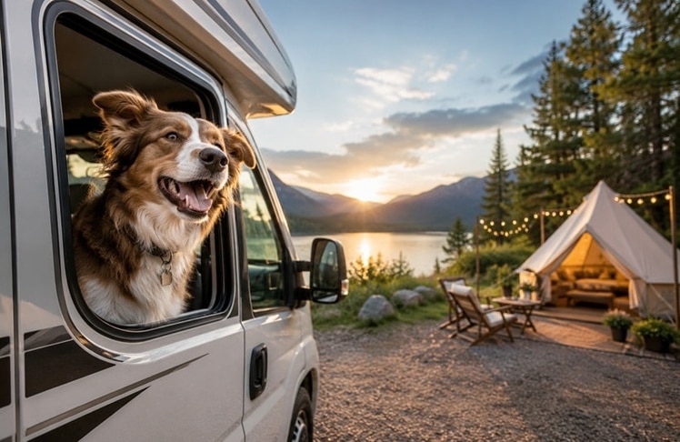 Während dieser idyllische Camping-Eindruck mithilfe von KI entstanden ist, verschafft die jüngste Übersicht von Camp Komm ganz und gar reale Inspiration zum nächsten Trip mit Hund 