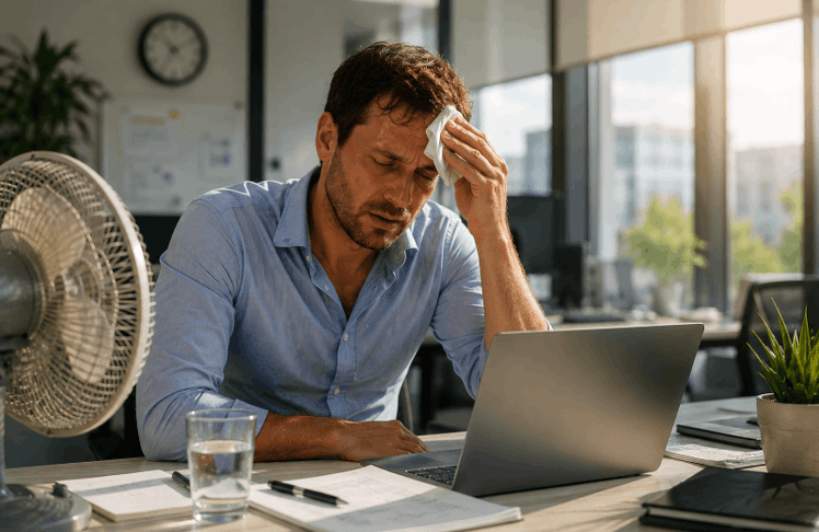 Wenn das Büro zur Hitzefalle wird: Extreme Temperaturen belasten Beschäftigte und stellen Unternehmen vor neue Herausforderungen beim Arbeitsschutz und der Arbeitsplatzgestaltung.