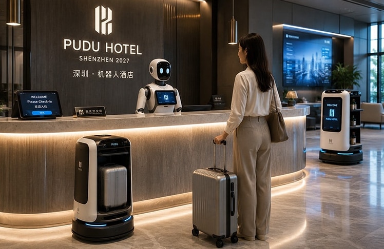 Das erste vollautomatisierte Hotel soll auf einer künstlichen Insel in Shenzhen in Betrieb geben. Der Ort ist als Zentrum für Tech- und Robotik-Tourismus gedacht. Bild per KI von Leadersnet generiert