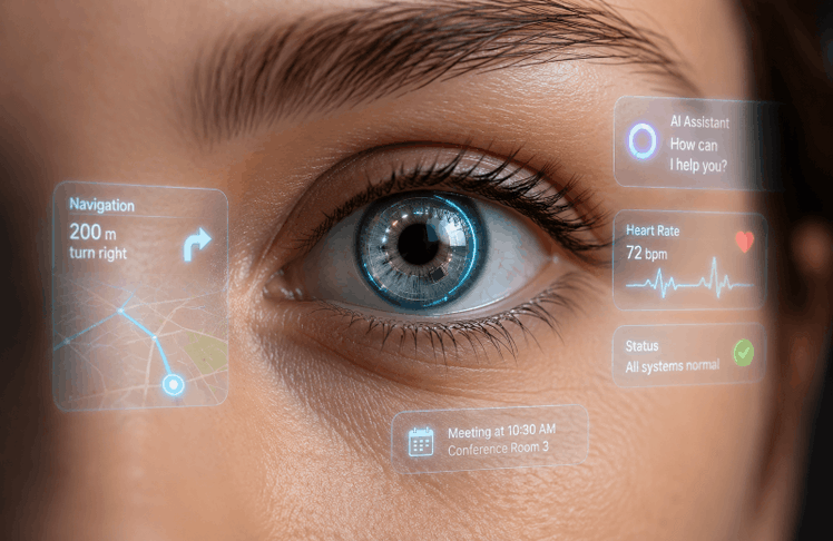 Visualisierung einer smarten Kontaktlinse, die Navigationshinweise, KI-Assistenten und Gesundheitsdaten direkt ins Sichtfeld einblendet.