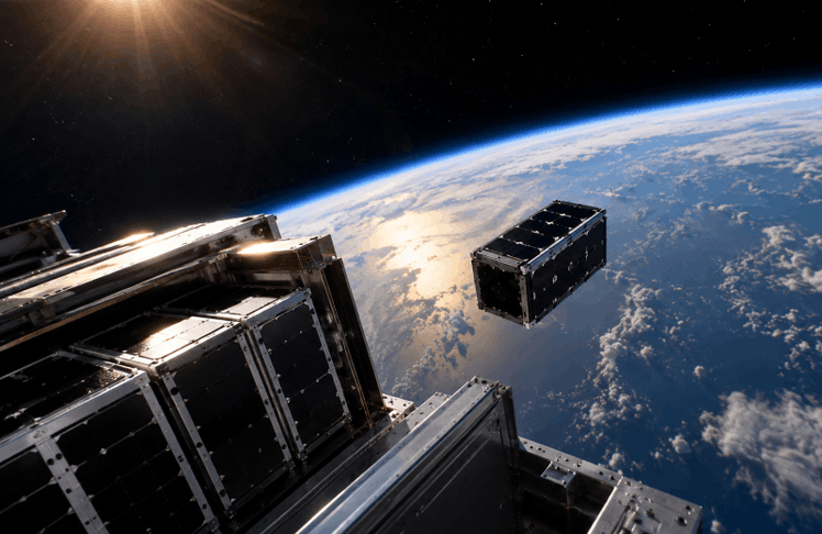 KI-generierte Darstellung eines Kleinsatelliten (CubeSat) beim Aussetzen aus einem Satellitendispenser im Erdorbit. Die bayerischen CuBy-Satelliten sollen künftig hochauflösende Erdbeobachtungsdaten liefern.