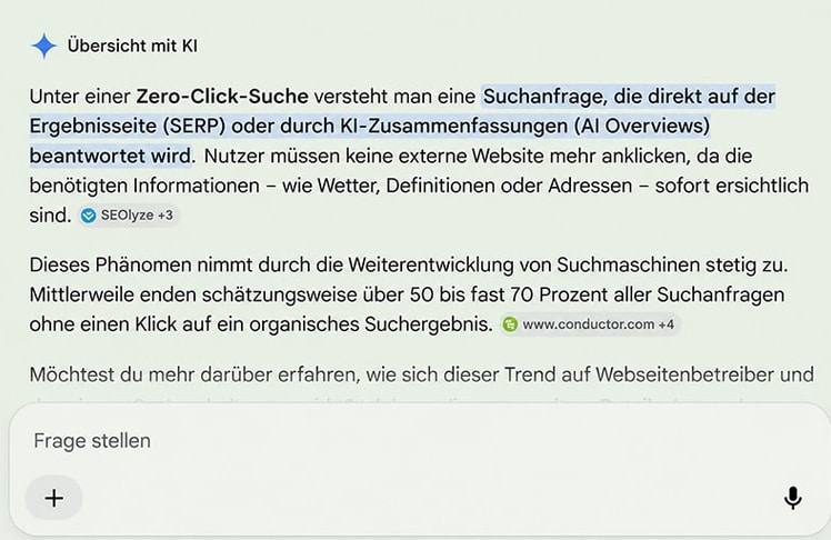 Das wars mit dem Weiterklicken? Durch die oftmals sehr präzisen KI-Antworten von Google, ChatGPT und Co erübrigt sich ein weiteres Stöbern im Netz immer häufiger. Screenshot von Google by Leadersnet
