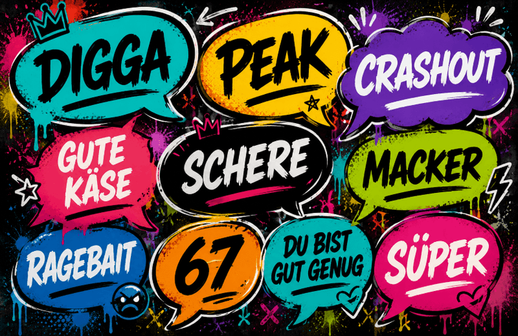 Die Top 10 für das Jugendwort des Jahres 2026 reichen von "Digga" und "Peak" bis "Crashout", "Ragebait" und "Gute Käse".