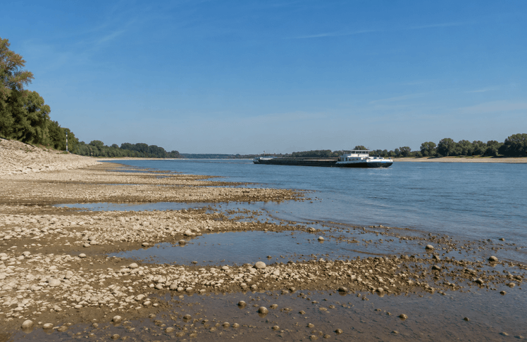 Niedrigwasser auf dem Rhein erschwert die Binnenschifffahrt. Geringere Transportkapazitäten treiben Logistikkosten in die Höhe und belasten Industrie sowie Lieferketten.