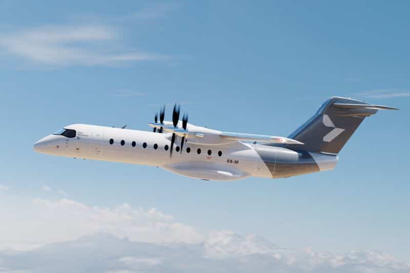 Rendering der ES-30 von Heart Aerospace: Das geplante hybridelektrische Regionalflugzeug soll 30 Passagier befördern und ab 2031 in Betrieb gehen. © Heart Aerospace