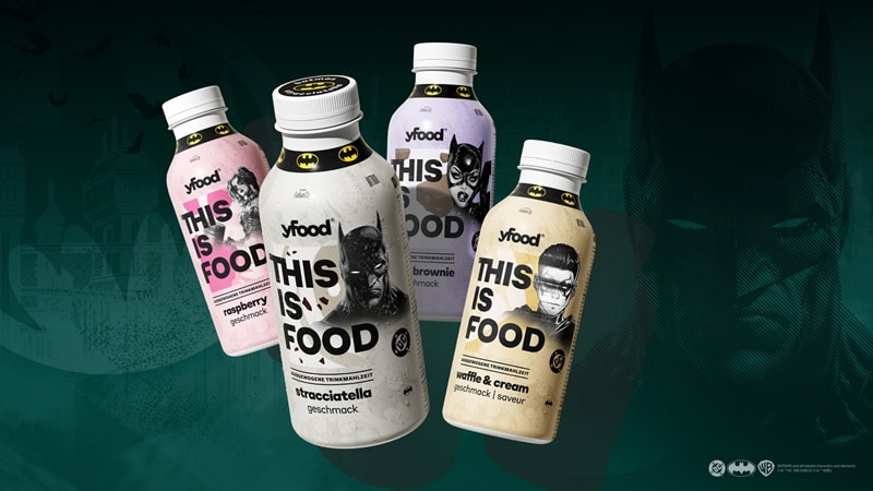 Batman (Stracciatella), Robin (Waffle & Cream), Harley Quinn (Raspberry) und Catwoman (Fudge Brownie) schmücken die vier Sorten der yfood x Batman Limited Edition (Bild: yfood / DC / Warner Bros.)
