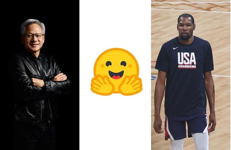 Nvidia um Jensen Huang (links) stehen offenbar vor der Übernahme von Hugging Face (Mitte), was Basketball-Superstar Kevin Durant (rechts) viele Millionen US-Dollar reicher machen würde