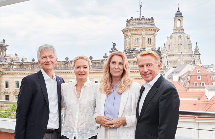 Die neue globale Geschäftsführung der DKMS: Prof. Dr. Johannes Schetelig (CSMO), Katharina Harf (CSO), Dr. Elke Neujahr (CEO) und Bernd Weinel (CFO)