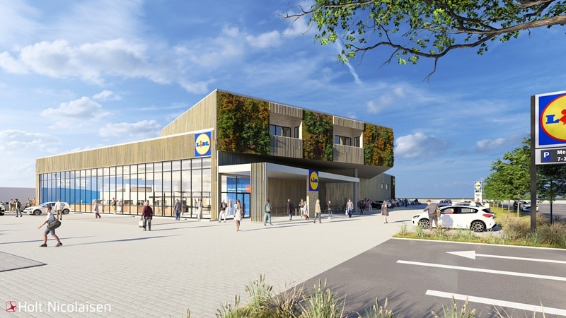 Konzept vom neuen Tinnum-Lidl samt darüberliegenden Wohnungen (Bild: Lidl / Holt Nicolaisen)